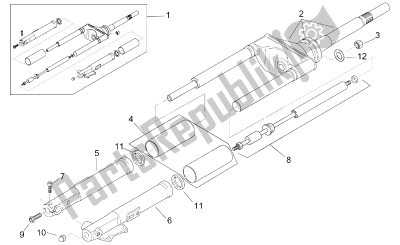 Alle onderdelen voor de Voorvork van de Aprilia Scarabeo 100 2T ENG Minarelli 2000