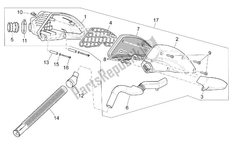 Alle onderdelen voor de Luchtfilterhuis van de Aprilia SR 50 H2O NEW DI Tech 2004