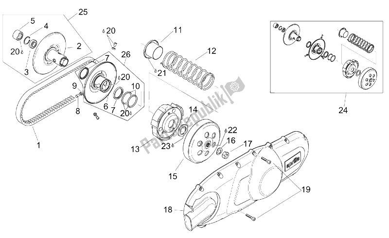 Tutte le parti per il Puleggia Assy., Guidato del Aprilia Scarabeo 125 150 200 ENG Rotax 1999