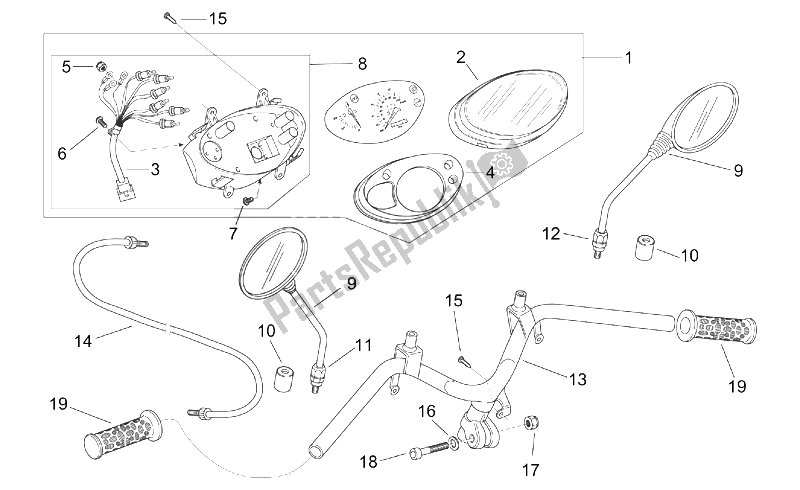 All parts for the Handlebar - Dashboard of the Aprilia Scarabeo 100 2T ENG Minarelli 2000