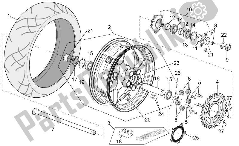 Alle onderdelen voor de Achterwiel van de Aprilia Tuono 1000 V4 R STD Aprc 2011