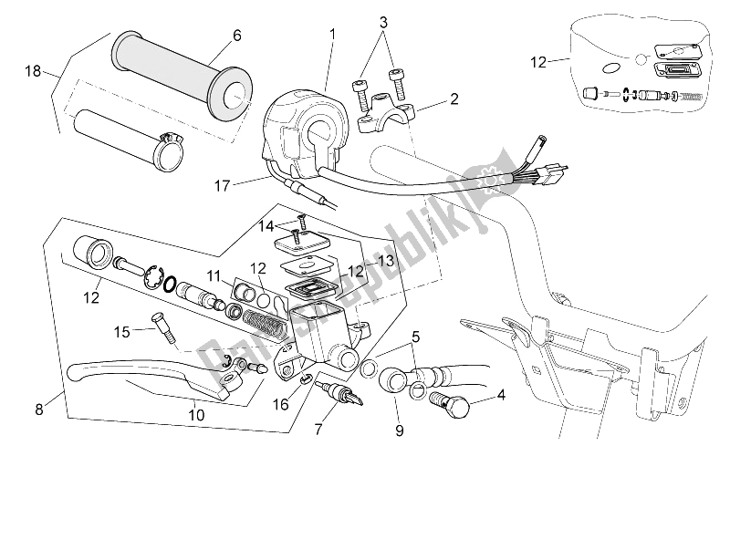 Alle onderdelen voor de Rh Controles van de Aprilia SR 50 H2O NEW IE Carb 2004