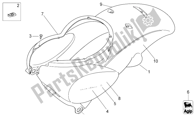 Tutte le parti per il Corpo Posteriore I - Carenatura Posteriore del Aprilia Scarabeo 50 2T E2 ENG Piaggio 2007