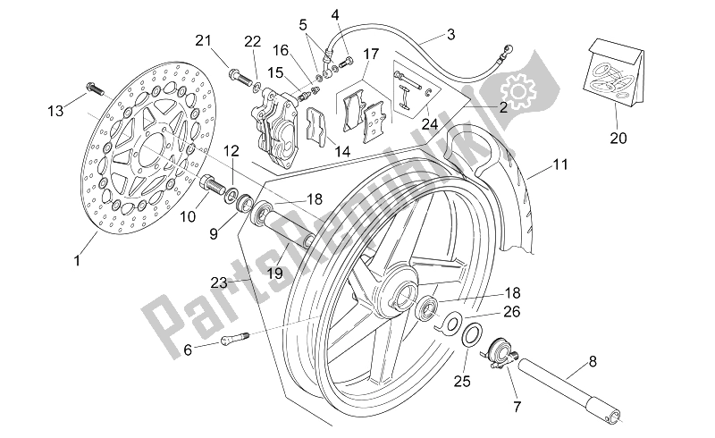 All parts for the Front Wheel of the Aprilia RS 125 1999