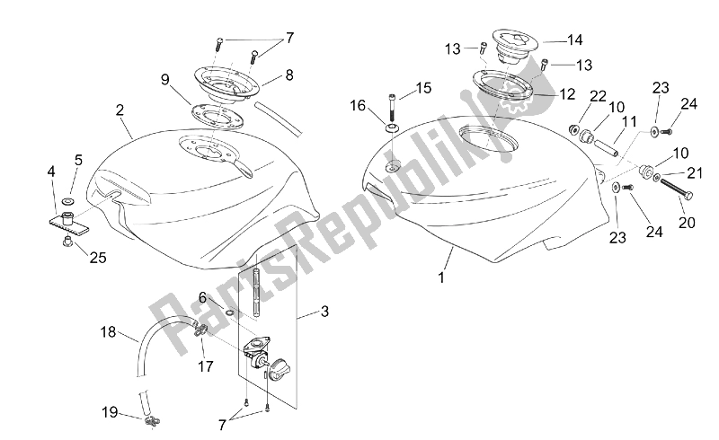 All parts for the Fuel Tank of the Aprilia RS 50 Tuono 2003