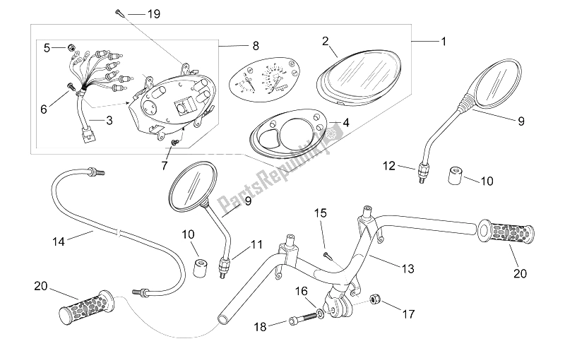 Tutte le parti per il Manubrio - Cruscotto del Aprilia Scarabeo 50 2T ENG Minarelli 1998