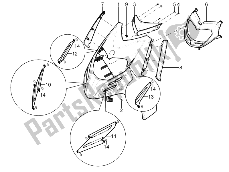 All parts for the Front Shield of the Aprilia SR Motard 125 4T E3 2012