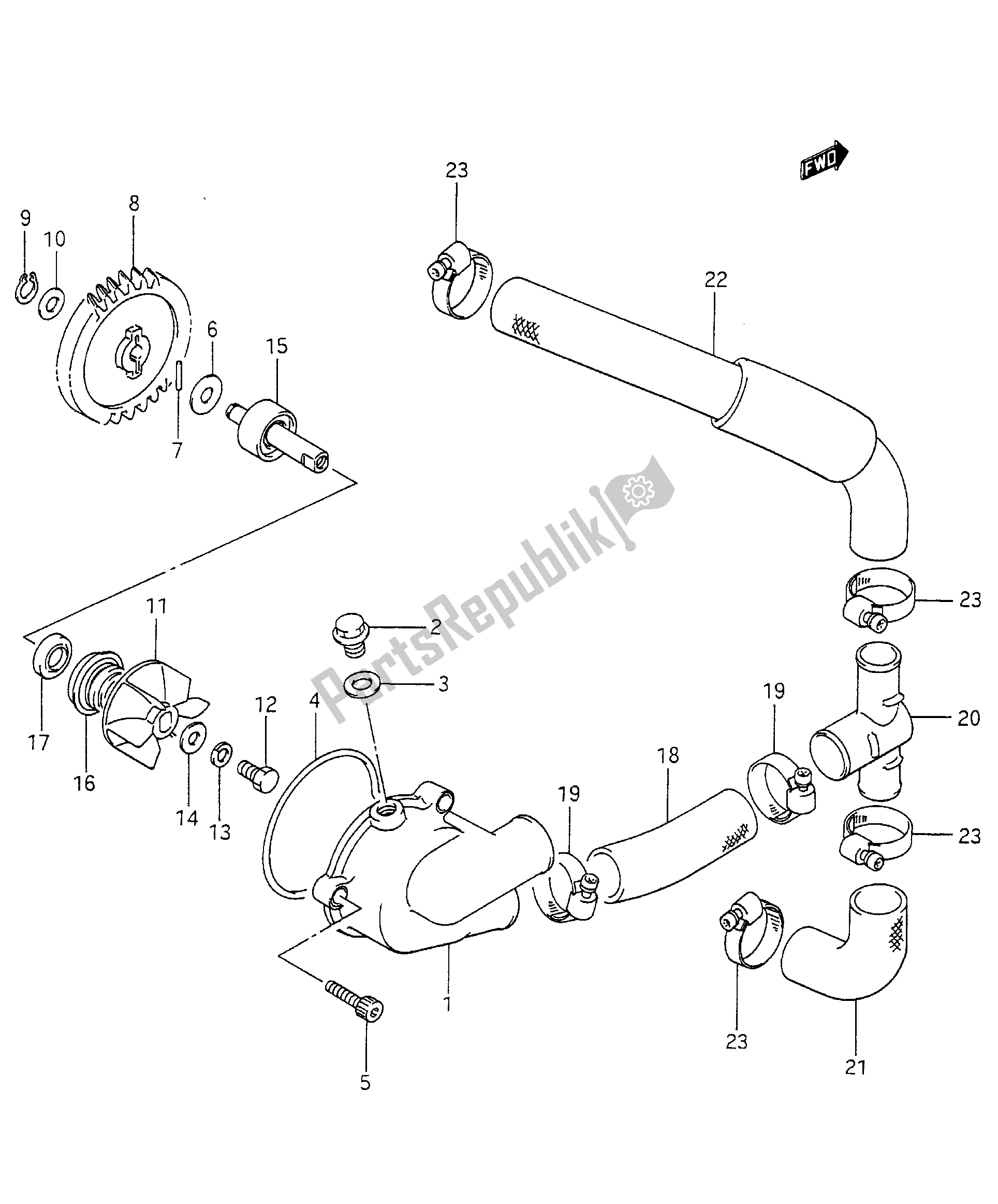 All parts for the Water Pump of the Aprilia RS 250 1994