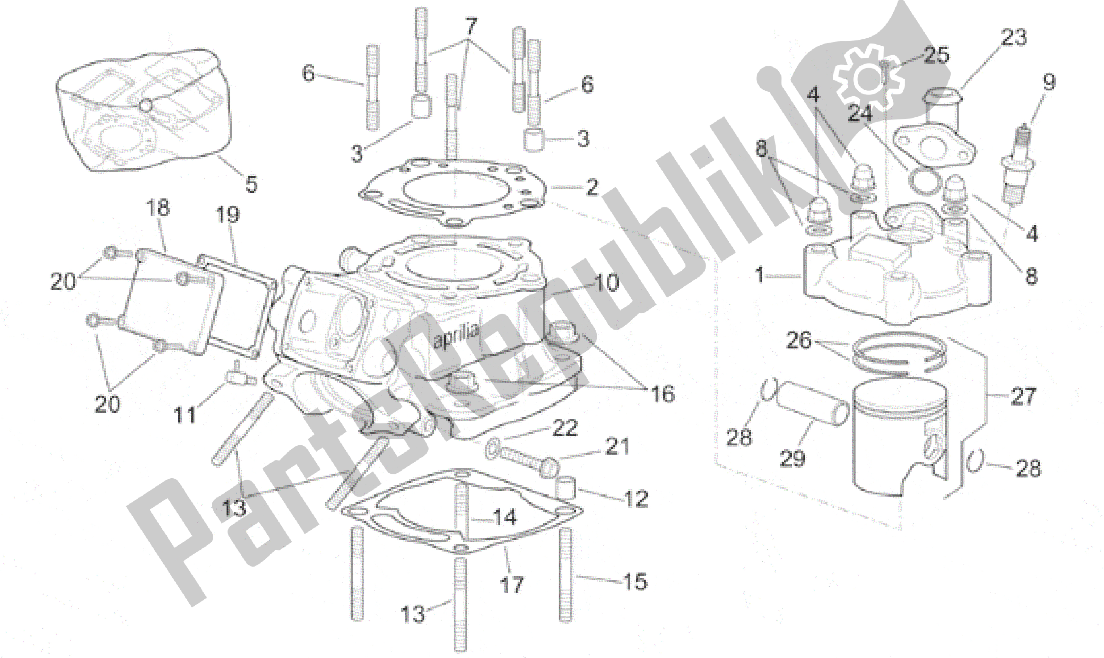All parts for the Vertical Cylinder Assembly of the Aprilia RS 250 1995 - 1997