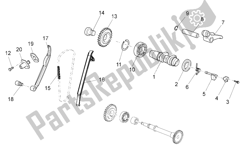 Alle onderdelen voor de Achterste Cilinder Timing Systeem van de Aprilia SXV 450 550 2009