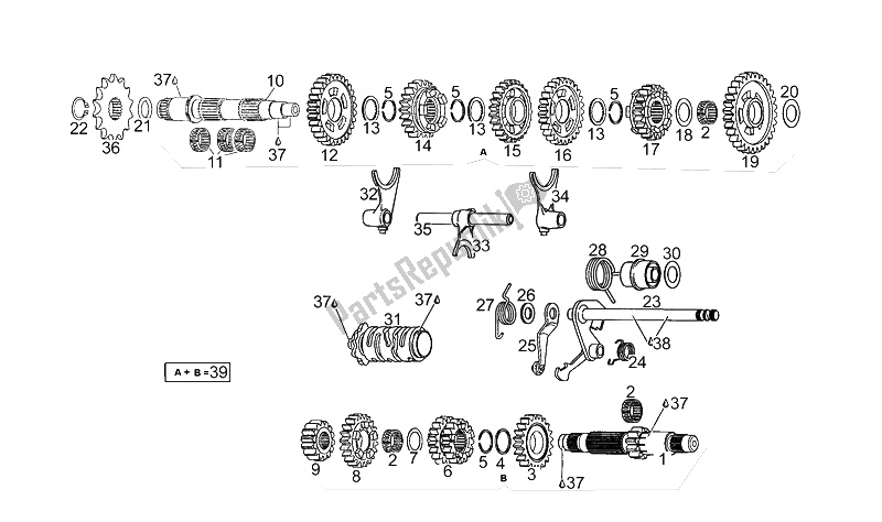 All parts for the Gear Box of the Aprilia AF1 Futura 125 1990