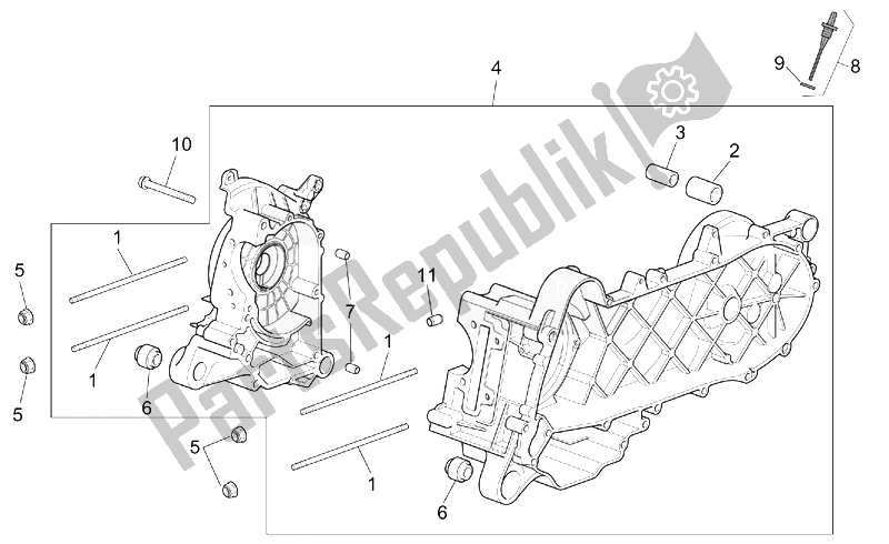 All parts for the Crank-case of the Aprilia Scarabeo 100 4T E2 2001