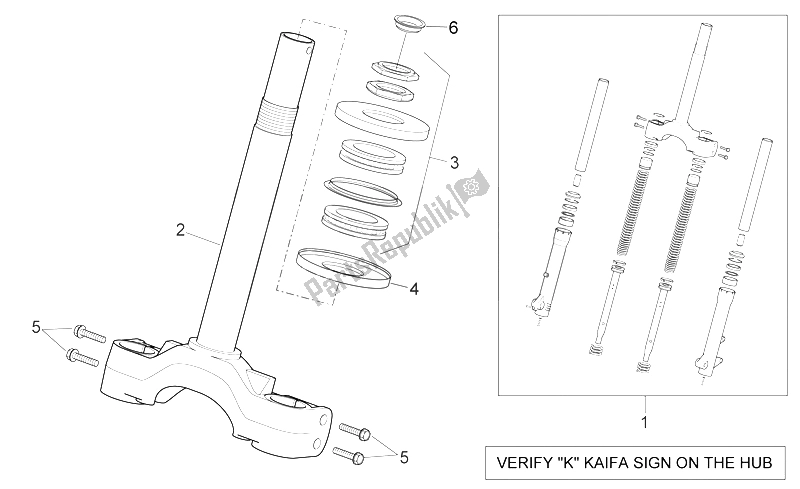 All parts for the Front Fork - Stem Base of the Aprilia Sport City 125 200 250 E3 2006