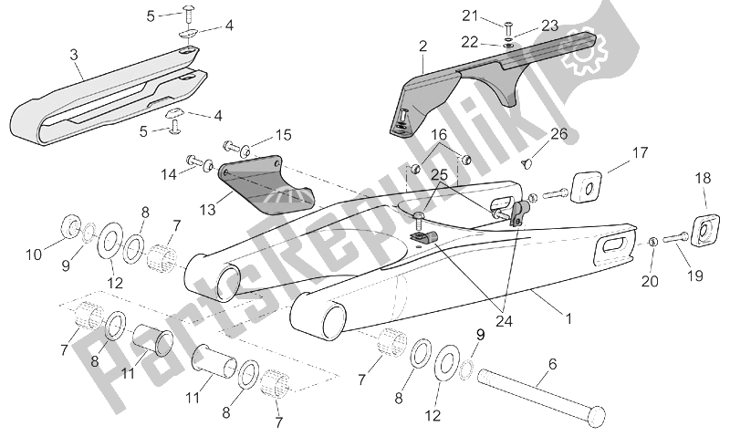 All parts for the Swing Arm of the Aprilia MX 125 Supermotard 2004