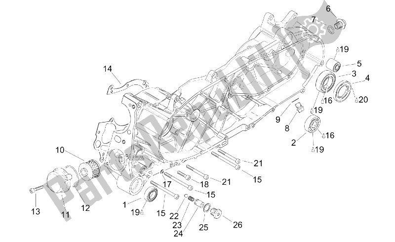 Alle onderdelen voor de Centrale Semi-carter van de Aprilia Scarabeo 125 150 200 ENG Rotax 1999