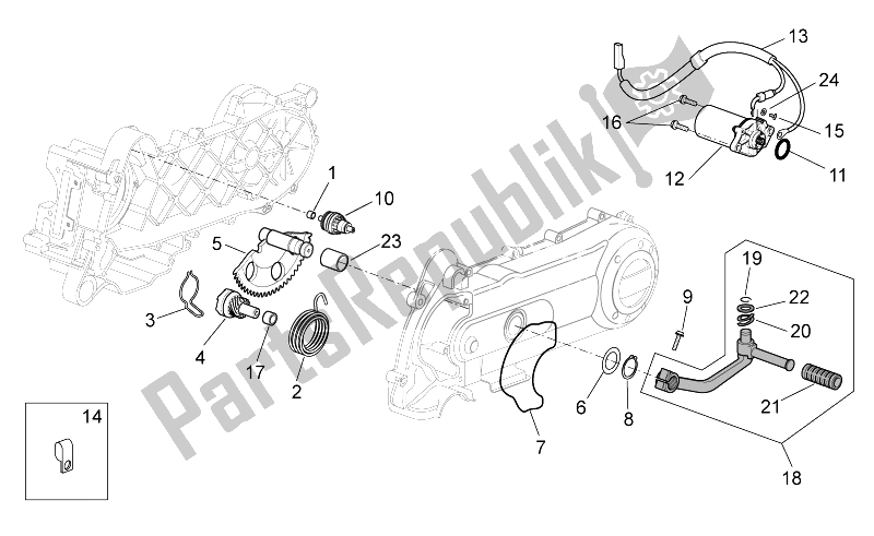 Alle onderdelen voor de Kick-start Versnelling / Startmotor van de Aprilia Scarabeo 100 4T E3 2014