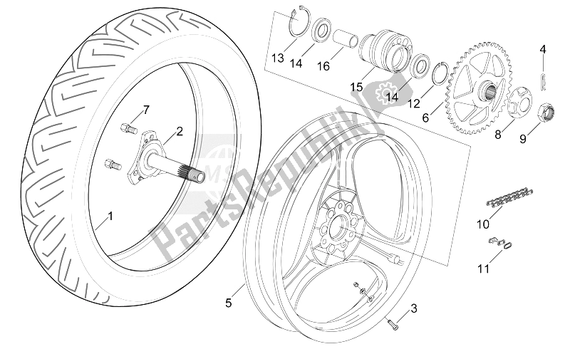 All parts for the Rear Wheel of the Aprilia RS 50 1996