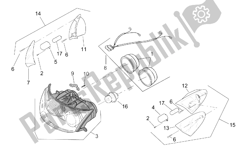 Todas as partes de Luzes Dianteiras do Aprilia SR 50 H2O IE Carb 2003