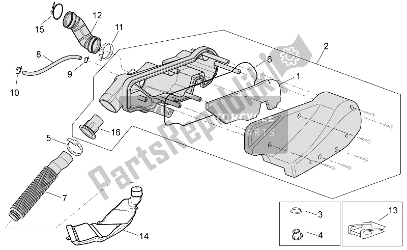 Alle onderdelen voor de Luchtfilterhuis van de Aprilia Scarabeo 100 4T E3 NET 2009