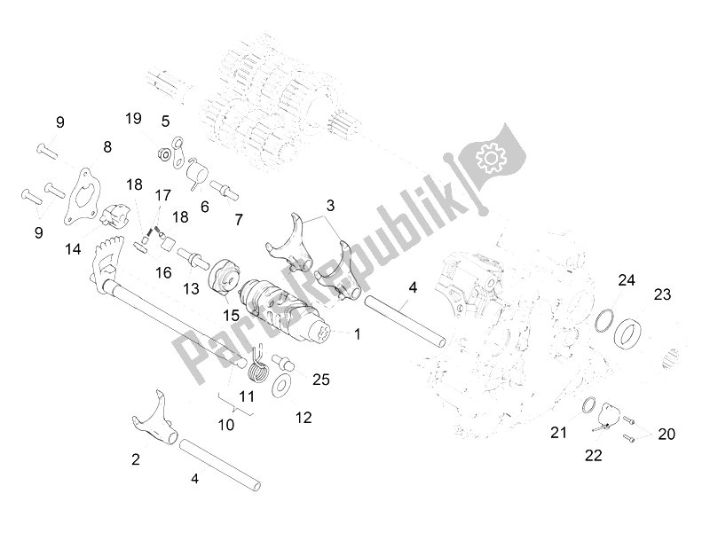 All parts for the Gear Box / Selector / Shift Cam of the Aprilia Caponord 1200 Rally 2015