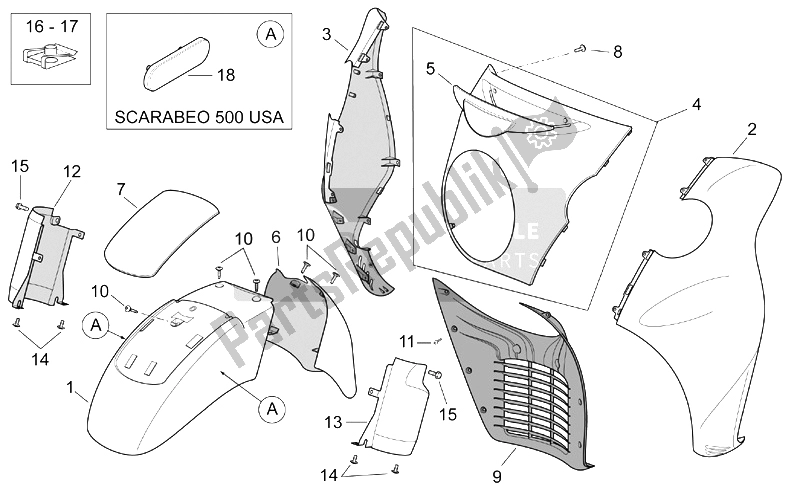 All parts for the Front Body Ii of the Aprilia Scarabeo 500 2003