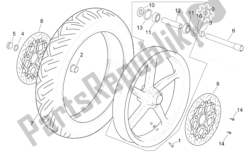 All parts for the Front Wheel of the Aprilia RSV Mille 1000 1998