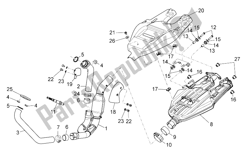 All parts for the Exhaust Unit of the Aprilia Dorsoduro 750 ABS USA 2015