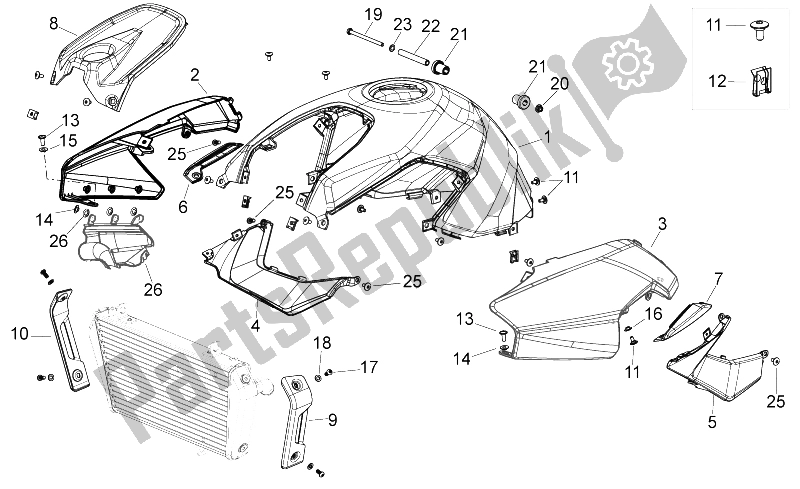 All parts for the Central Body of the Aprilia Shiver 750 PA 2015
