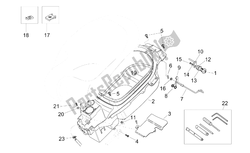 Toutes les pièces pour le Compartiment Pour Casque du Aprilia Mojito Custom 50 2T ENG Aprilia 1999