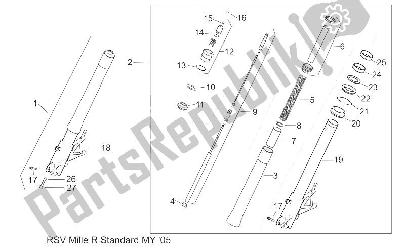 All parts for the Front Fork Iii of the Aprilia RSV Mille Factory 1000 2004 - 2008