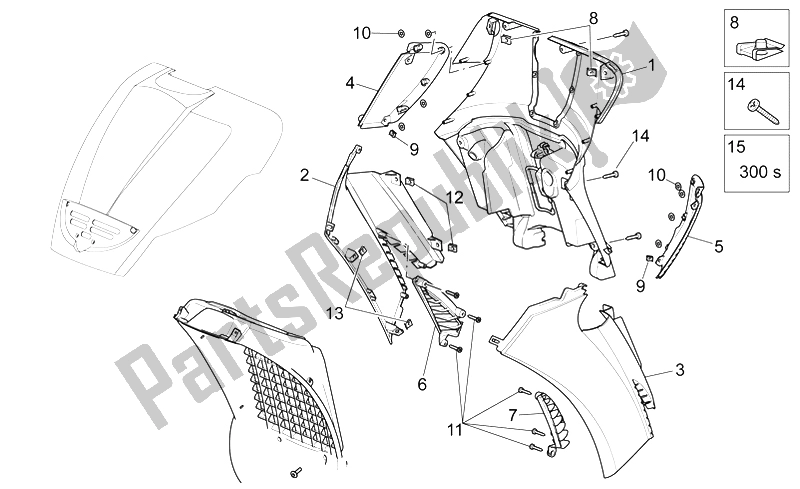 All parts for the Front Body Ii of the Aprilia Scarabeo 300 Light E3 2009