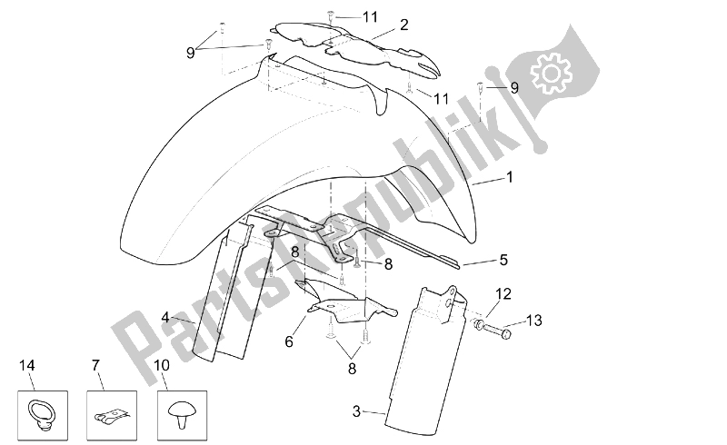 All parts for the Front Body - Front Mudguard of the Aprilia Scarabeo 125 200 E2 ENG Piaggio 2003