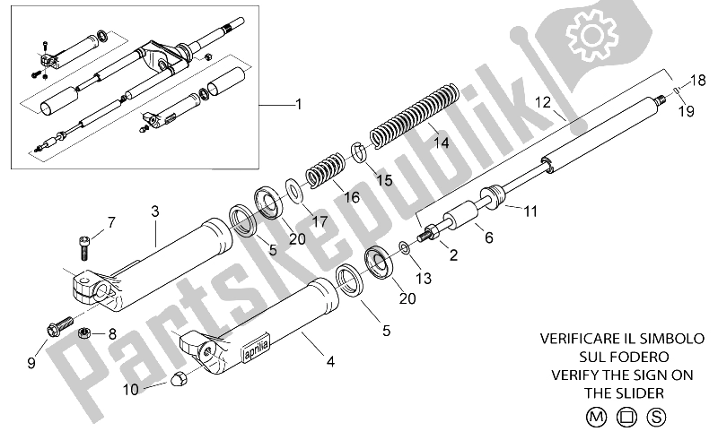 Tutte le parti per il Forcella Anteriore Ii del Aprilia Scarabeo 50 2T E2 ENG Piaggio 2005