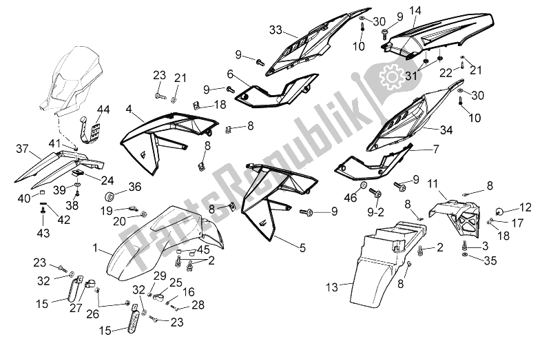Alle onderdelen voor de Lichaam van de Aprilia SX 50 2014