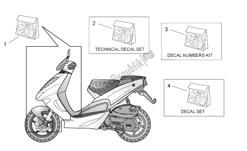 Todas las partes para Cuerpo Frontal Y Calcomanía Técnica de Aprilia SR 50 H2O IE Carb 2003