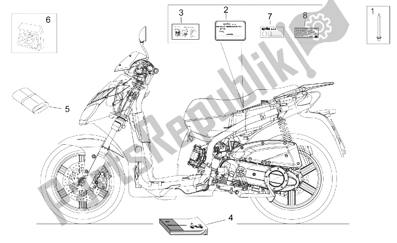 Tutte le parti per il Set Di Piatti E Manuali del Aprilia Sport City 125 200 E2 2004