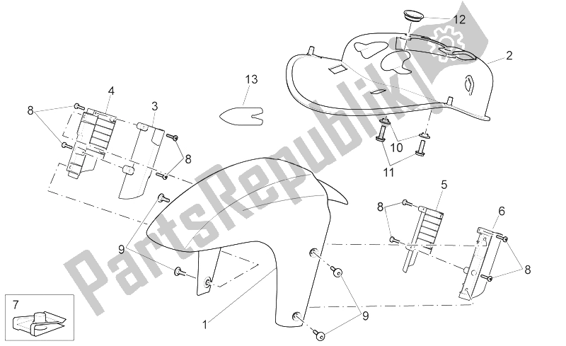 All parts for the Front Body - Front Mudguard of the Aprilia Sport City 125 200 250 E3 2006