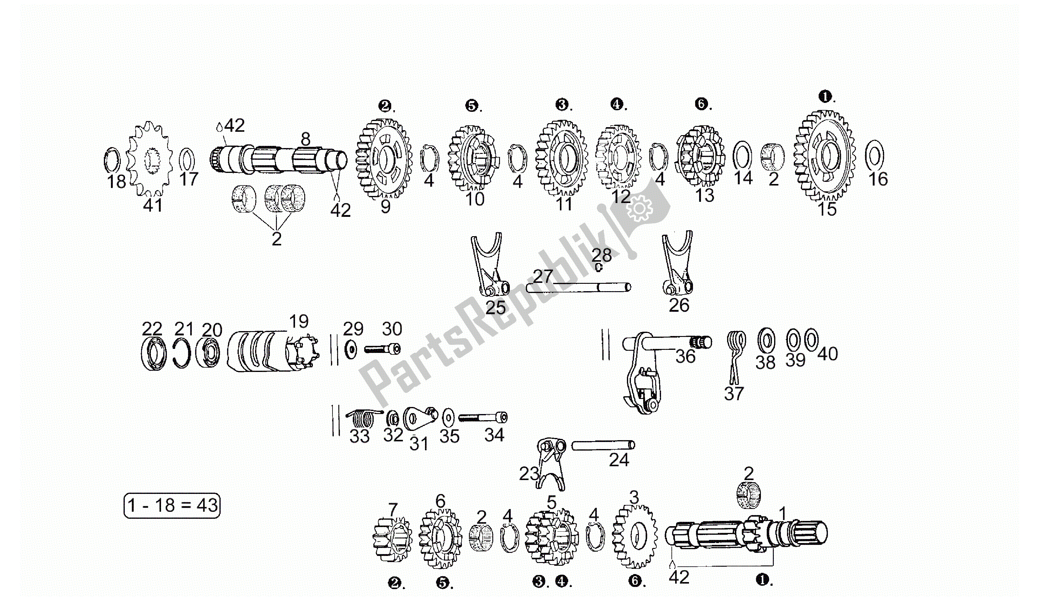 All parts for the Gear Box of the Aprilia RS 125 1995