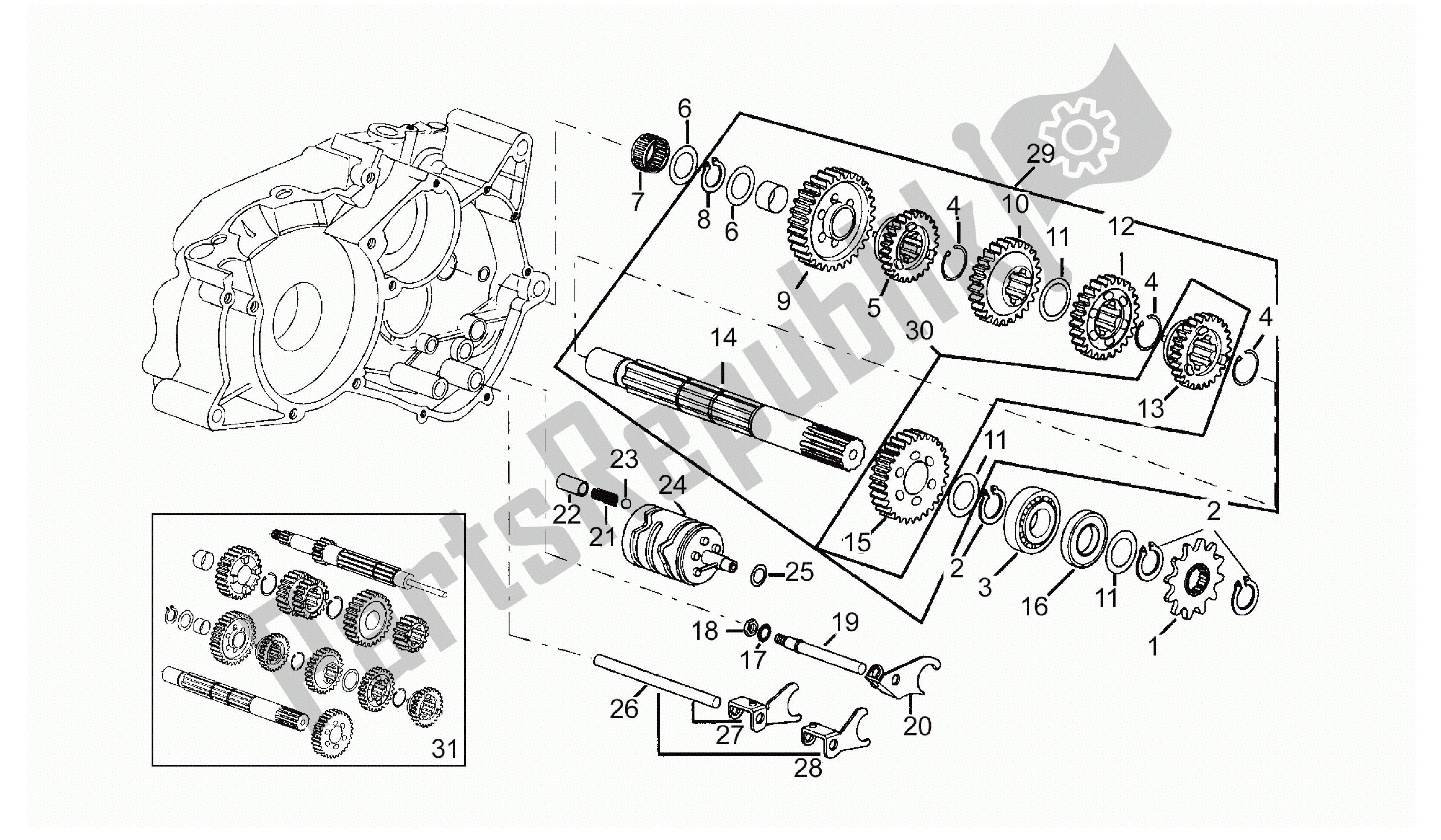 Alle onderdelen voor de Aangedreven As - 6 Versnellingen van de Aprilia RS 50 1993 - 1995