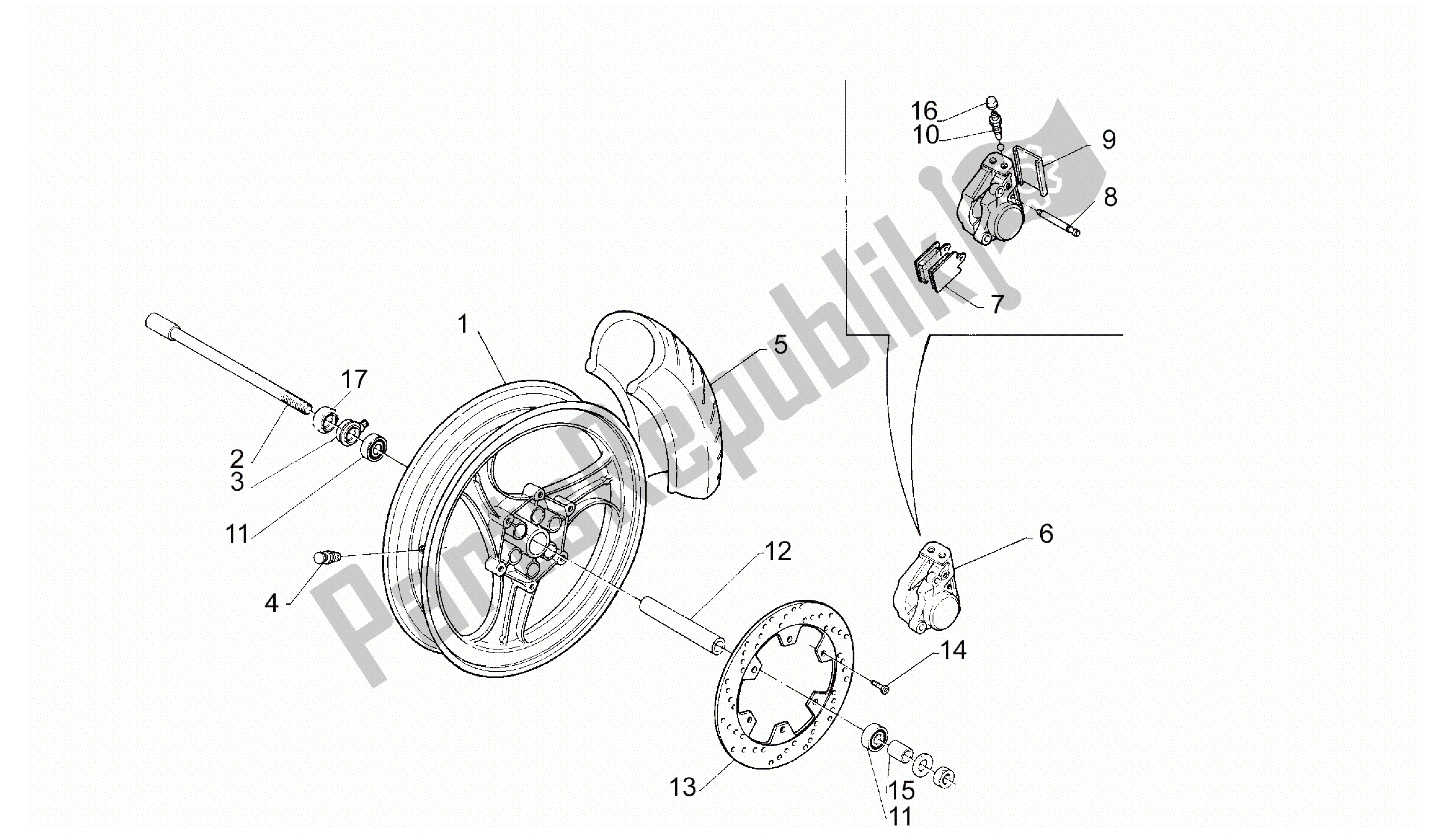 All parts for the Front Wheel of the Aprilia RS 50 1993 - 1995