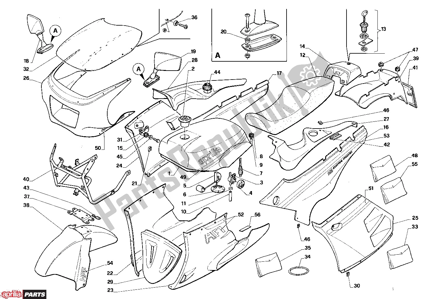 All parts for the Body of the Aprilia AF1 304 125 1987