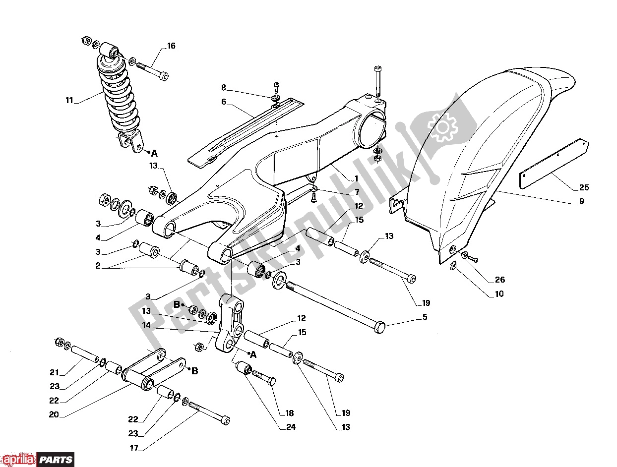 Alle onderdelen voor de Rear Fork van de Aprilia AF1 304 125 1987