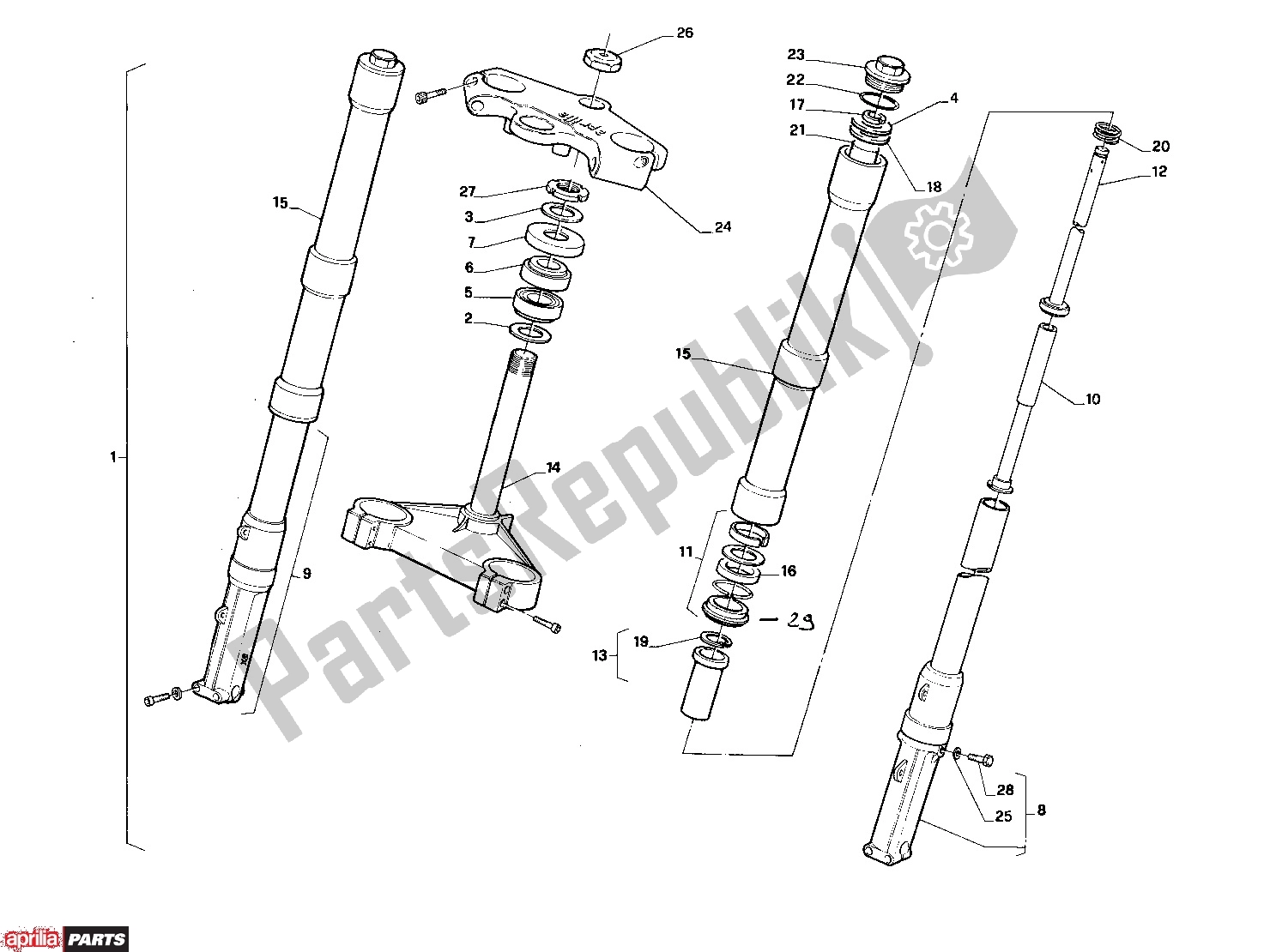 All parts for the Front Fork of the Aprilia AF1 312 125 1990 - 1995