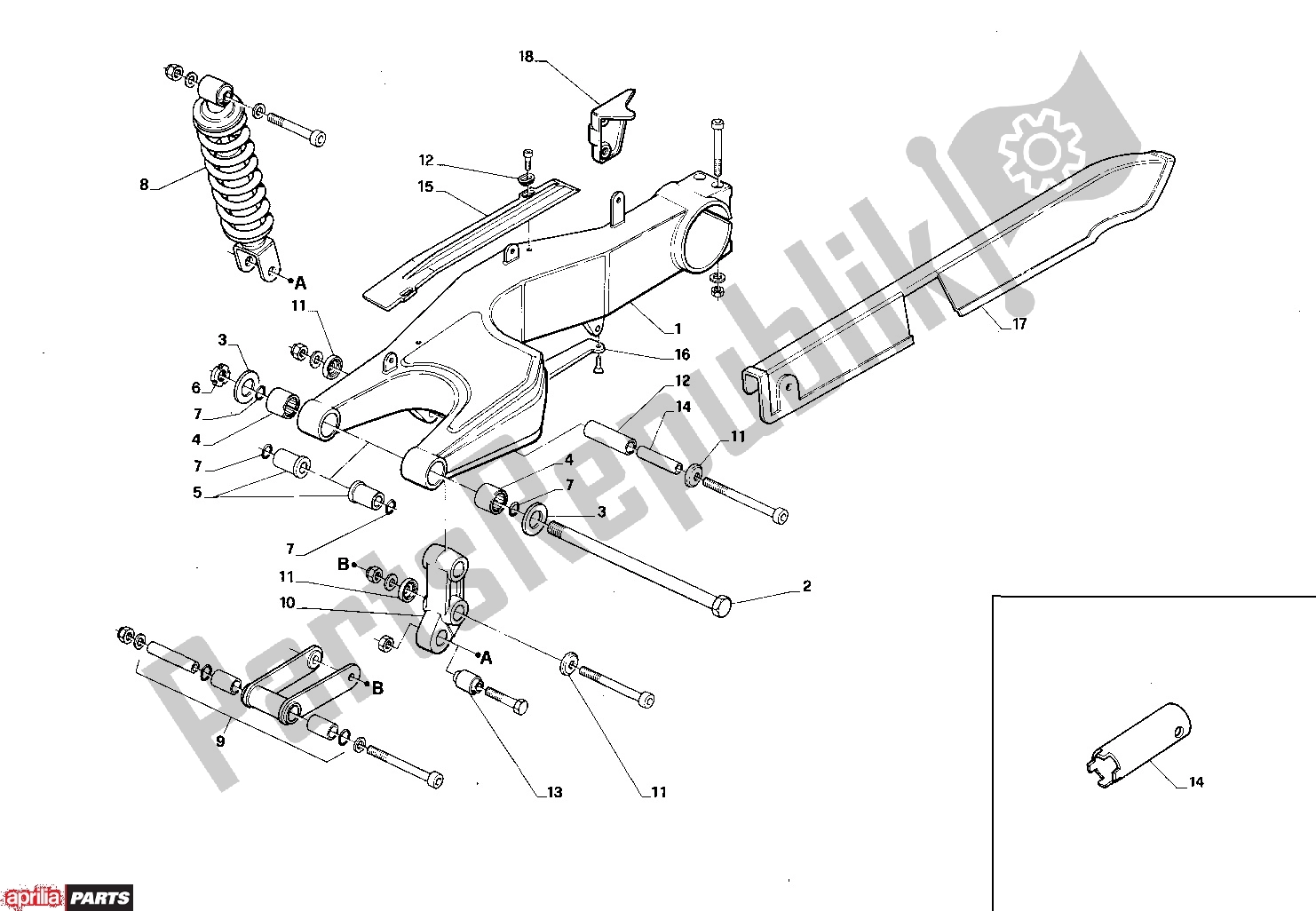 Alle onderdelen voor de Rear Fork van de Aprilia AF1 Futura 316 125 1990 - 1992
