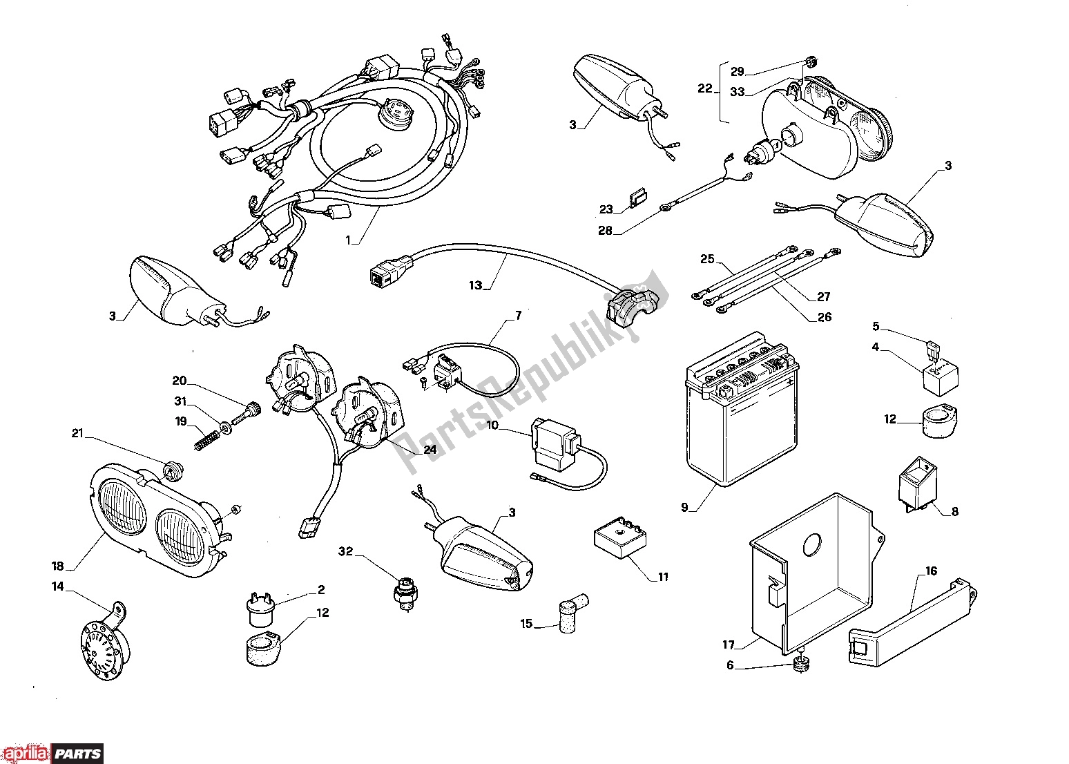 All parts for the Electrical System I of the Aprilia AF1 Project 108 306 50 1988