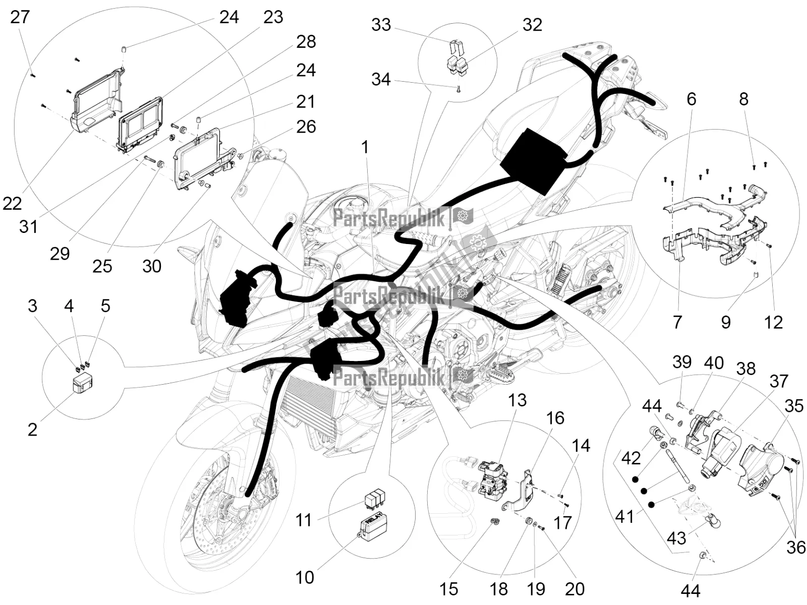 Tutte le parti per il Impianto Elettrico Centrale del Aprilia Caponord 1200 Apac 2016