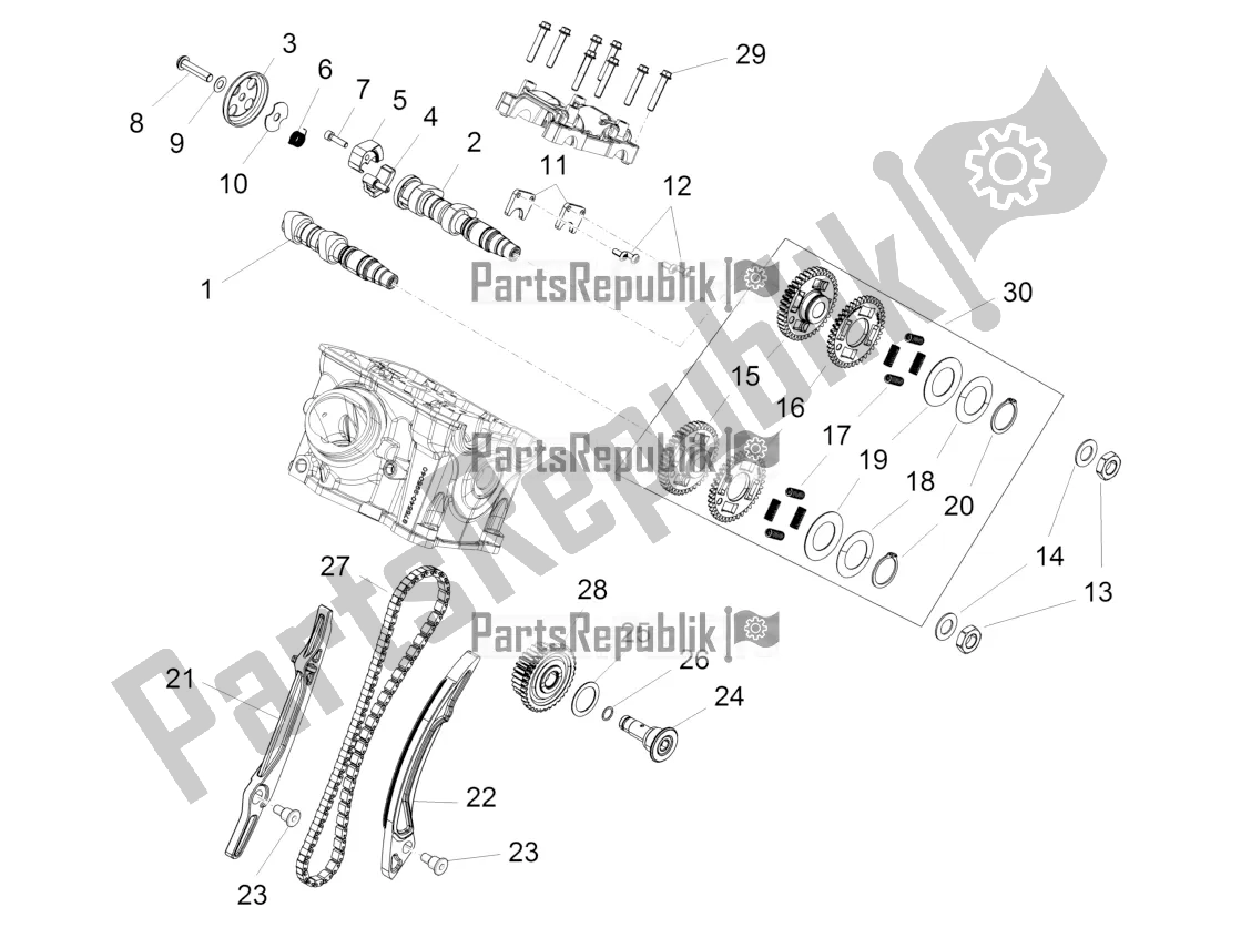 Alle onderdelen voor de Achterste Cilinder Timing Systeem van de Aprilia Caponord 1200 Apac 2016