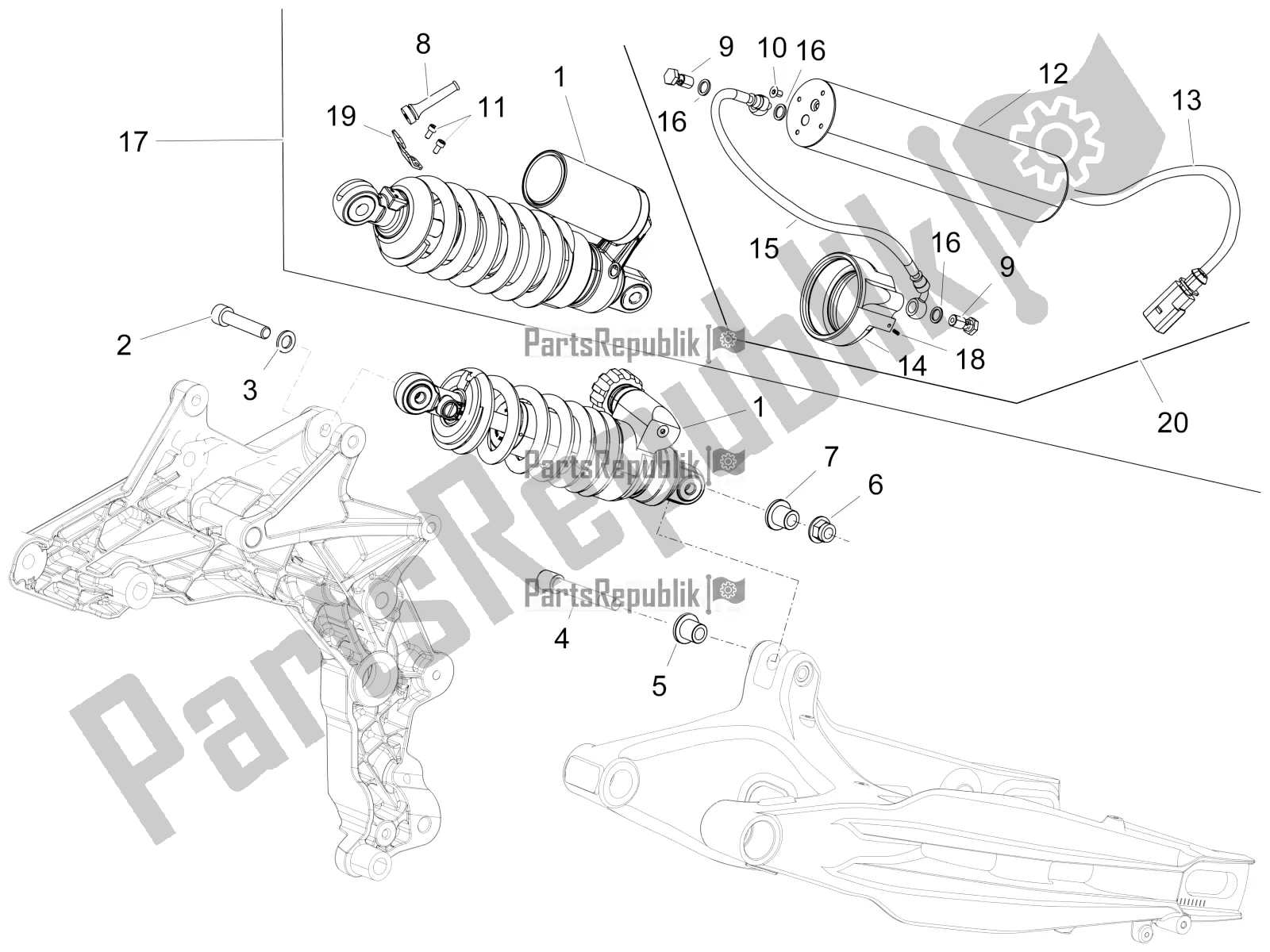 Alle onderdelen voor de Schokdemper van de Aprilia Caponord 1200 Apac 2016