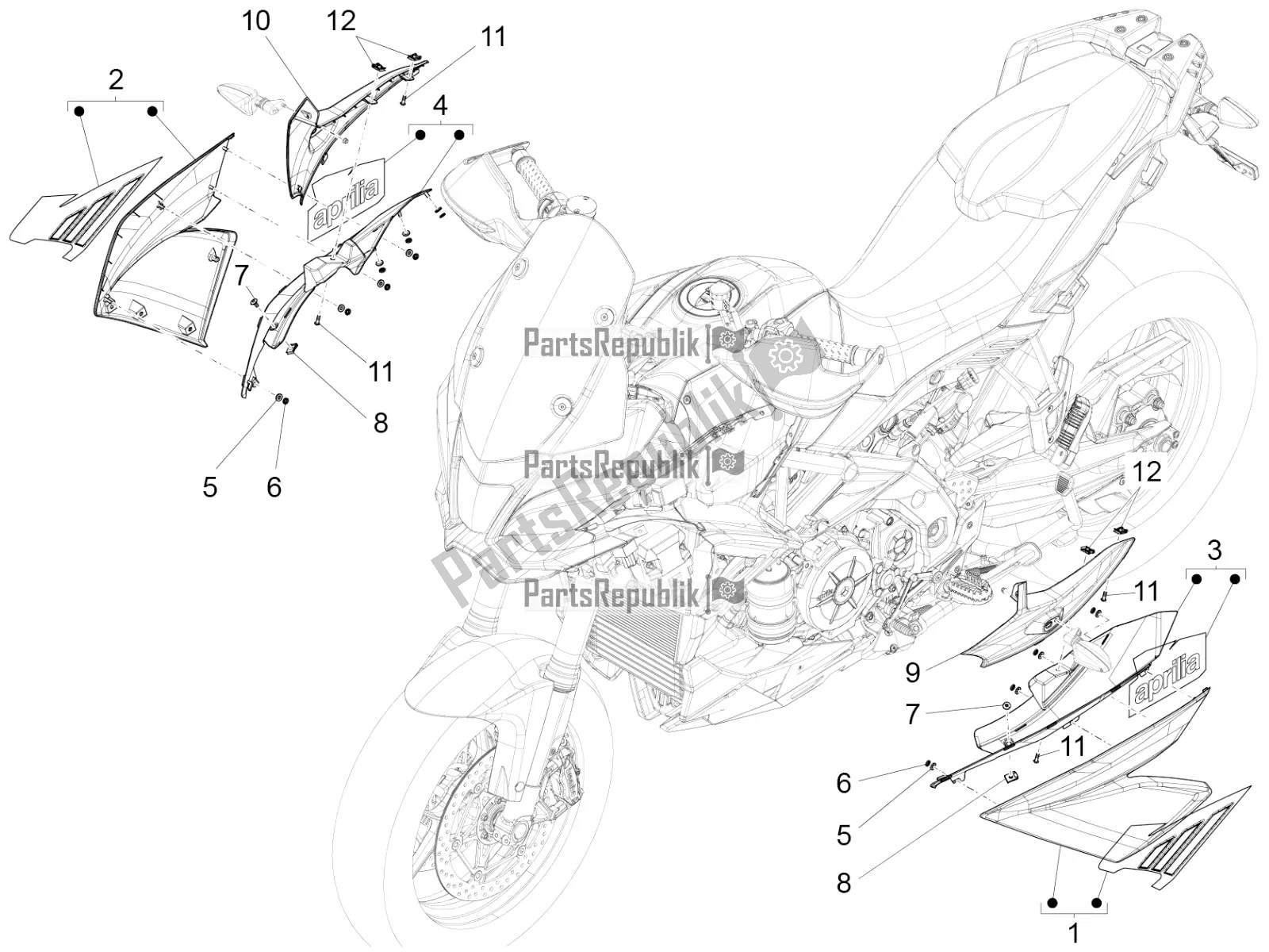 Toutes les pièces pour le Carénage Latéral du Aprilia Caponord 1200 Apac 2016