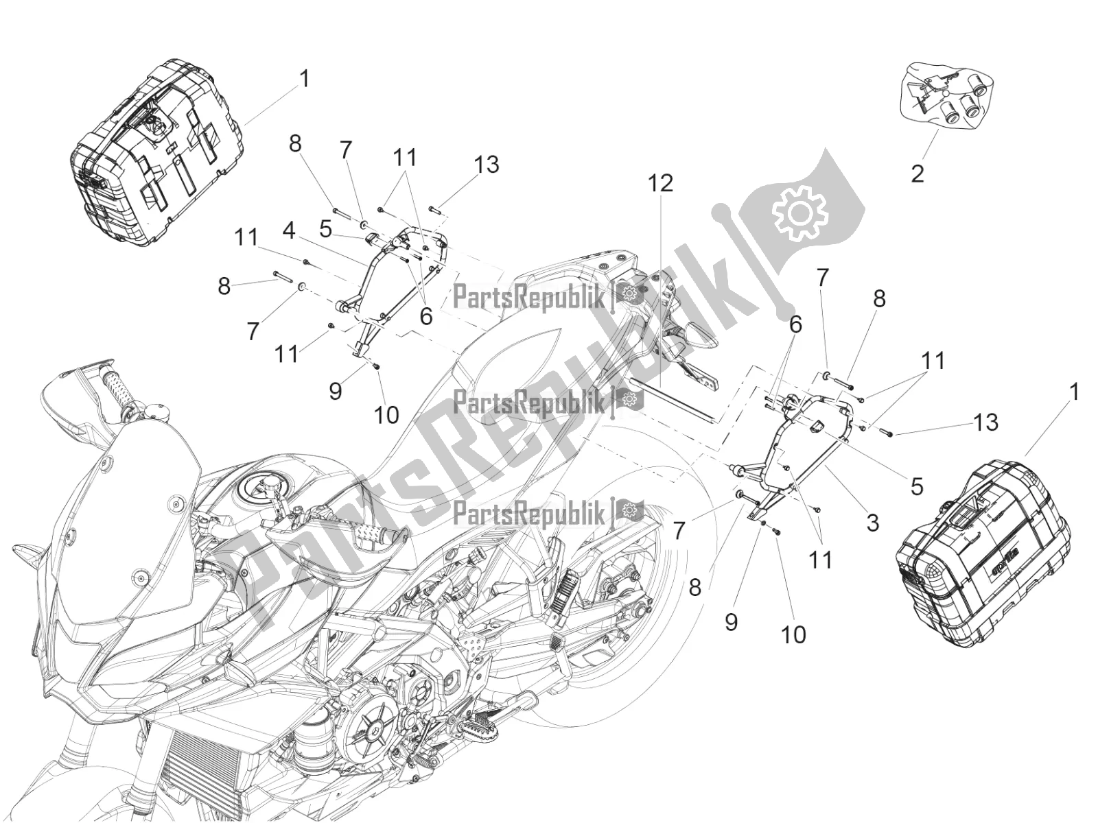 All parts for the Side Cases of the Aprilia Caponord 1200 Rally 2016